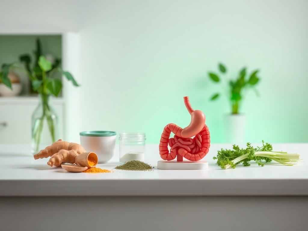 Herbal digestive remedies beside a stomach anatomical model