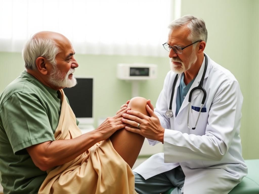 Doctor examining an elderly patient's knee joint at the hospital