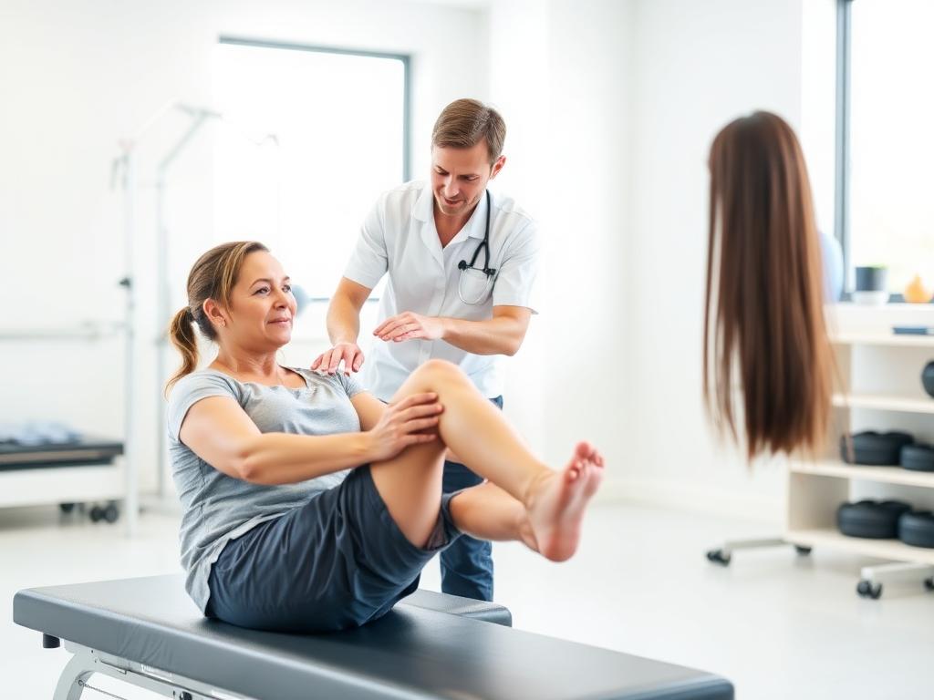 Physiotherapist guiding a patient through knee rehabilitation