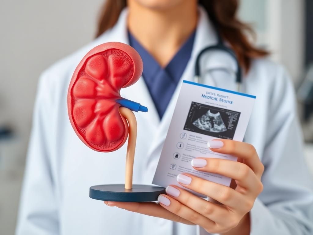 Doctor holding a kidney model with an ultrasound report
